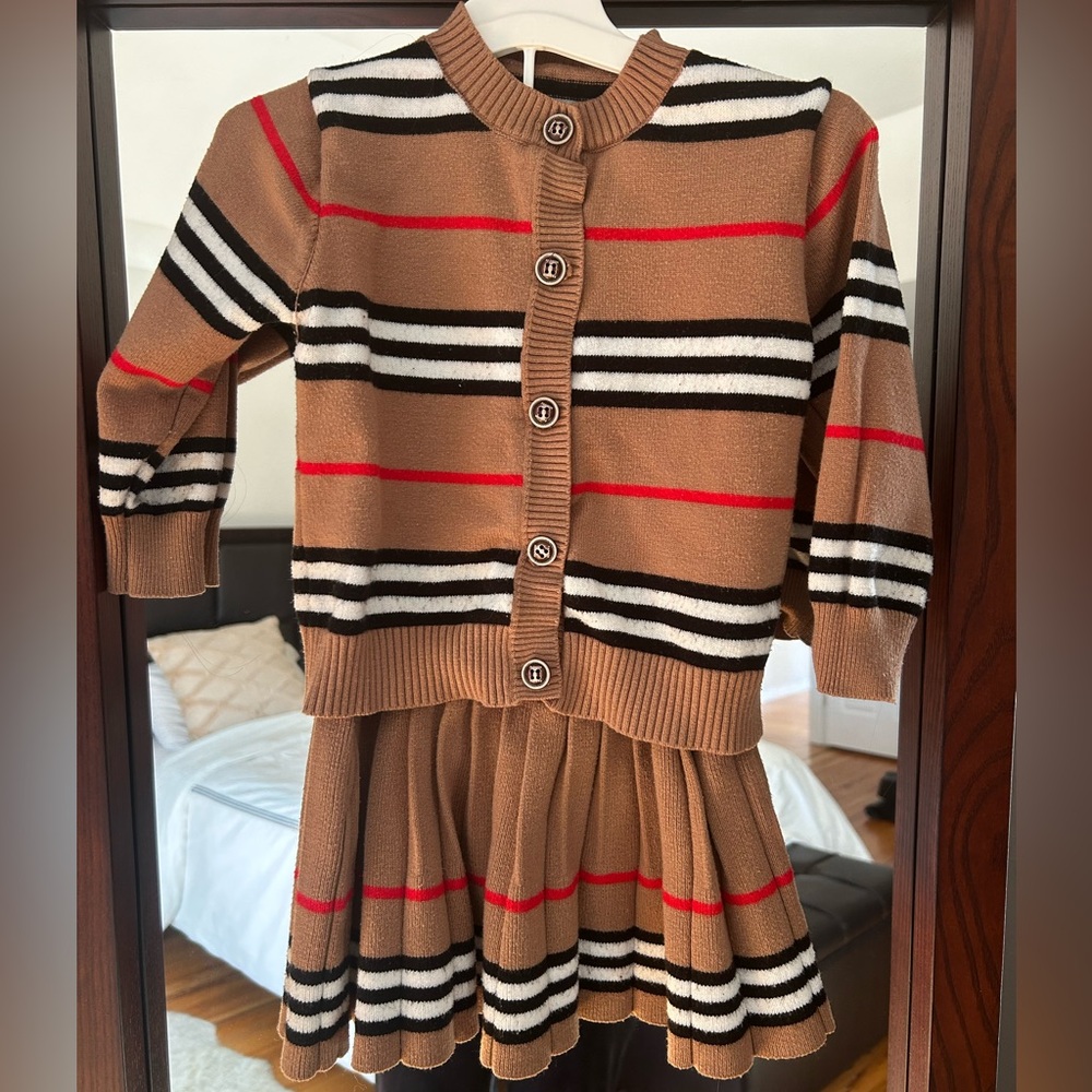 Striped Knit Cardigan & Skirt Set - Camel, Black, White, Red